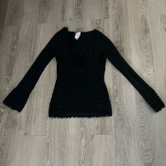 Yoana Baraschi Black V Neck Crochet Hem Cuff Tunic sweater L Indie Boho Hippie - Picture 6 of 14